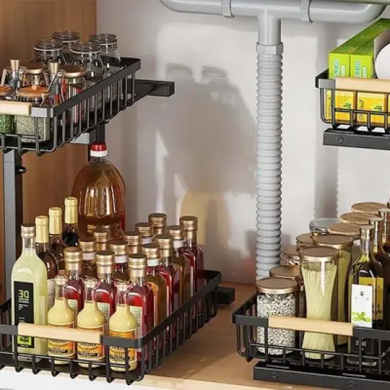 Boersma Adjustable Height 2-Tier Metal Drawer Organizer &ndash; Under Sink Storage Rack with Sliding Baskets for Kitchen, Bathroom, Pantry，Black image {1}