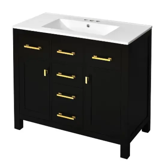 36" Modern Bathroom Vanity with Ceramic Sink, Freestanding Storage Cabinet with 4 Drawers & 2 Soft-Close Doors, Solid Wood Frame - ModernLuxe image {7}