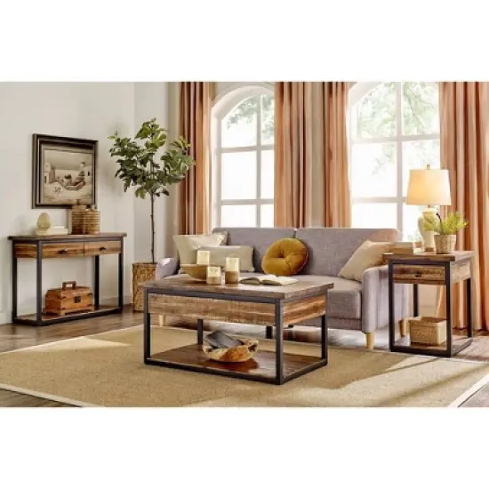 Claremont Rustic Wood Coffee Table with Low Shelf Dark Brown - Alaterre Furniture: Steel Frame, Acacia Surface image {7}