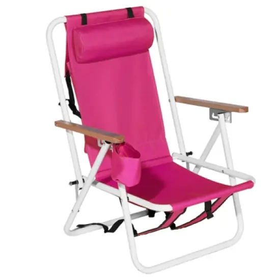 DOMETOUR Folding Beach Chair, 4 Position Portable Backpack Foldable Camping Chair with Headrest Cup Holder and Wooden Armrests, Pink image {14}