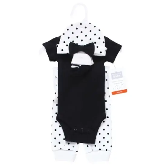 Hudson Baby Girls Thermal Preemie Layette Set 4pc Short Sleeve Outfit, Black White Dots, Preemie image {1}