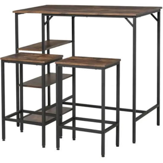 HOMCOM Industrial 3 Piece Dining Table Set, Counter Height Bar Table and Chairs Set, Kitchen Bistro Table Set with Storage Shelf and Stools, Brown image {3}
