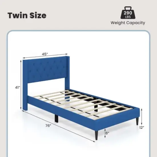Costway Twin Size Upholstered Platform Bed with Button Tufted Wingback Headboard Blue/Grey image {2}