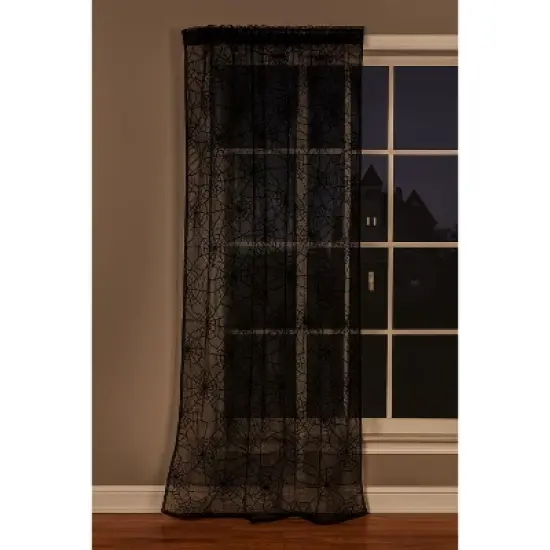 Gallerie II 36" x 72" Black Spider Translucent Web Window Curtain Halloween Decor image {1}
