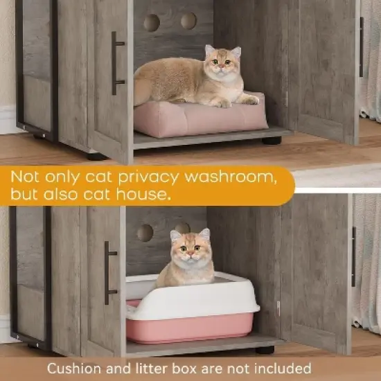 Cat Litter Box Enclosure with Storage Shelves and Double Doors, Hidden Cat Cabinet, Grey/Brown image {3}