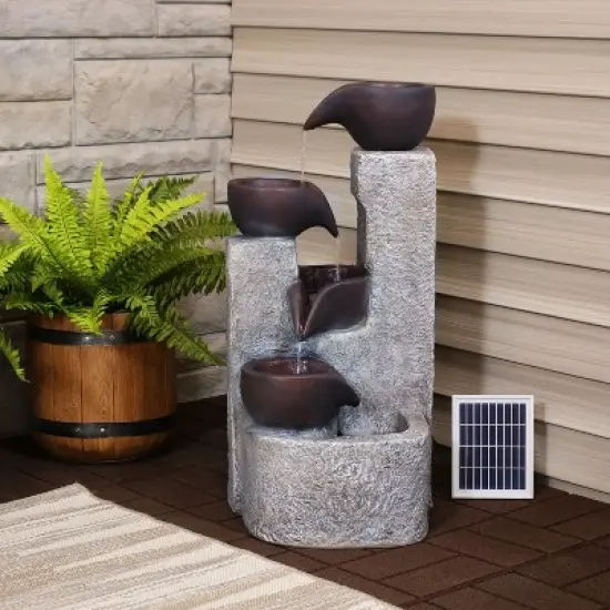Sunnydaze Outdoor Polyresin Solar Powered Aged Tiered Vessels Water Fountain with Battery Backup - 29" image {1}