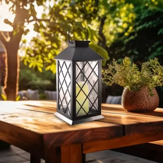 LumaBase Solar-Powered Lantern with LED Candle - Black Tudor image {1}