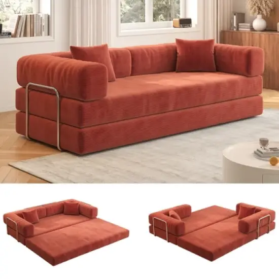 Dolonm 78.8 "Foldable Combination Sofa,Compression Boneless Sofa,Floor Sofa Mattress,Corduroy Fabric,Suitable for Living Room and Bedroom, Orange image {2}