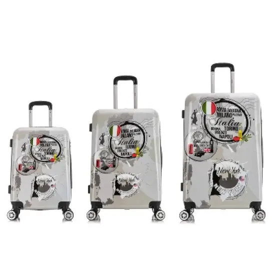 InUSA Large Checked World Print Lightweight Hardside Spinner 3pc Suitcase Set - Gray image {4}