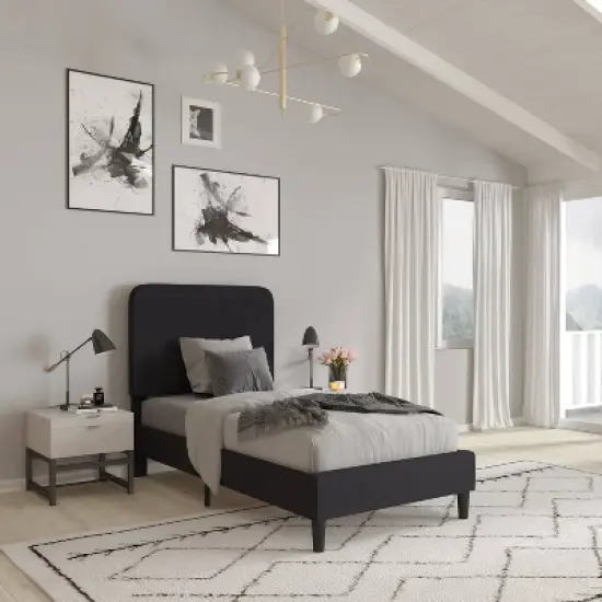 Platform Bed with Headboard and Fabric Upholstered Frame 14 Wooden Slats - Merrick Lane image {2}