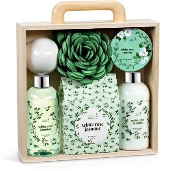 White Rose & Jasmine 7pc Spa Gift Set &ndash; Elegant Floral Bath & Body Collection in Wood Curio Box &ndash; Shea Butter & Vitamin E image {1}