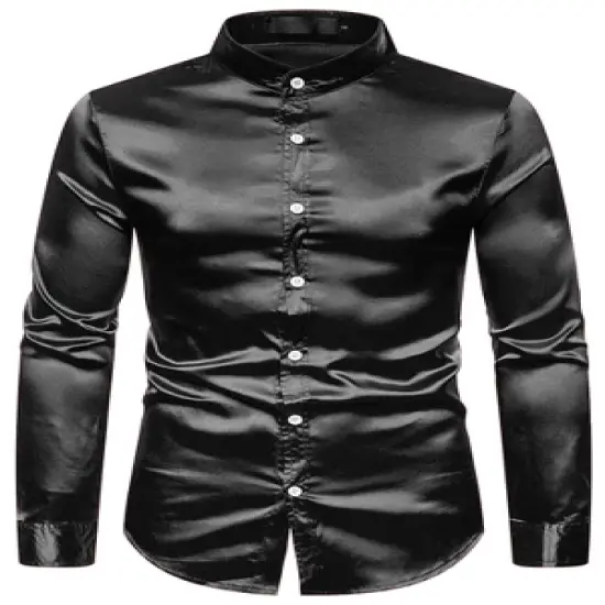 Lars Amadeus Men's Satin Long Sleeves Band Collar Button Down Solid Prom Satin Shirts image {7}