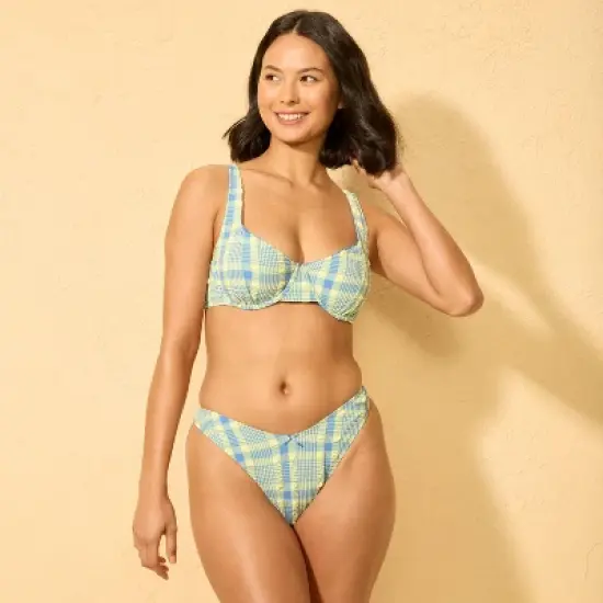 Women's Textured Plaid Low-Rise Extra High Leg Extra Cheeky Bikini Bottom - Wild Fable&trade; Blue/Yellow image {2}