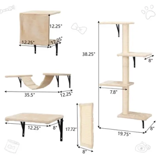 DOMETOUR 5 Pcs Wall Mounted Cat Climber Set, Floating Cat Shelves and Perches, Cat Activity Tree with Scratching Posts image {3}