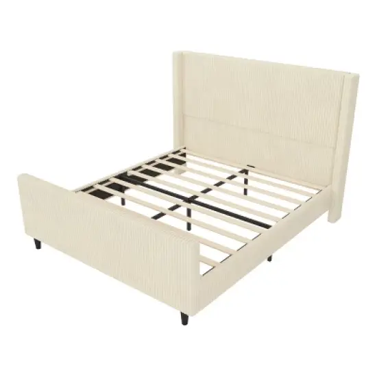 Queen/KIng Size Upholstered Platform Bed Frame with High Wingback Headboard&High Footboard, Corduroy, Cream/Taupe-ModernLuxe image {5}