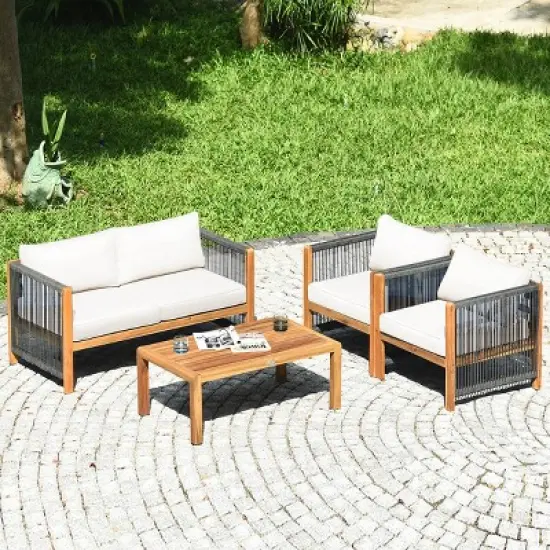 Costway 4 PCS Wood Outdoor Patio Furniture Set with Cushions White Red Cushion Cover Sets White+Red/Turquoise image {3}