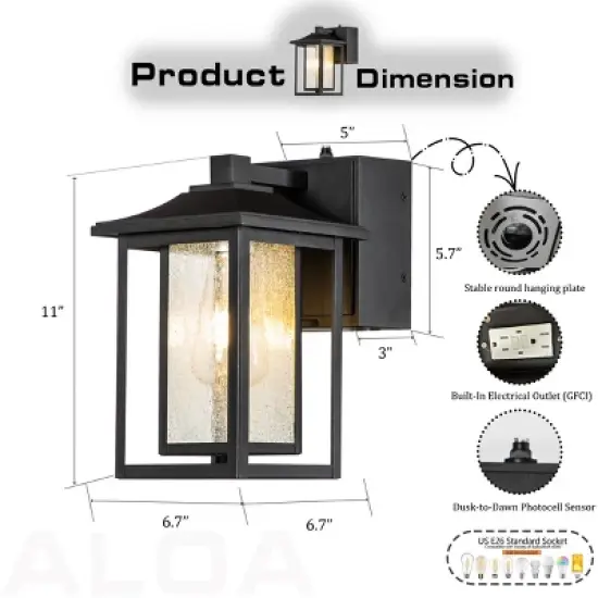 ALOADECOR 1 Light Black Light Dusk to Dawn Motion Sensor Outdoor Garage Wall Lights with Seeded Glass for Outside Garden Porch Patio (2 Pack) image {2}