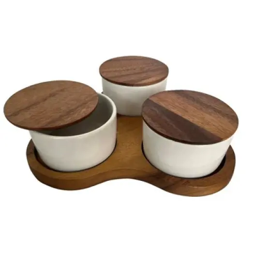 Kalmar Home Acacia WoodTriangular Serving Set with 3 White Ceramic Dishes image {4}