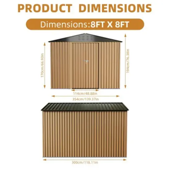 Outdoor Storage Shed, 8x8FT Large Metal Storage Shed, Metal Garden Tool Shed w/Roof, Door & Lock, Waterproof & Anti-UV, for Patio Garden Yard, Brown image {4}