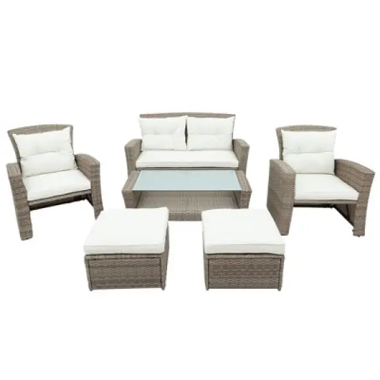 Eden 6 Piece Outdoor Conversation Set All Weather Wicker Sectional Sofa with Ottoman and Cushions Patio Furniture Set-Maison Boucle image {2}