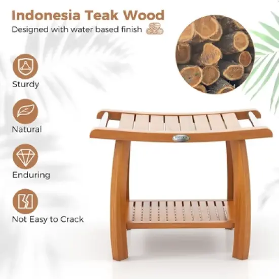 Tangkula Teak Wood Shower Bench 2-Tier Wooden Shower Stool w/ Curved Seat Handles Large image {4}