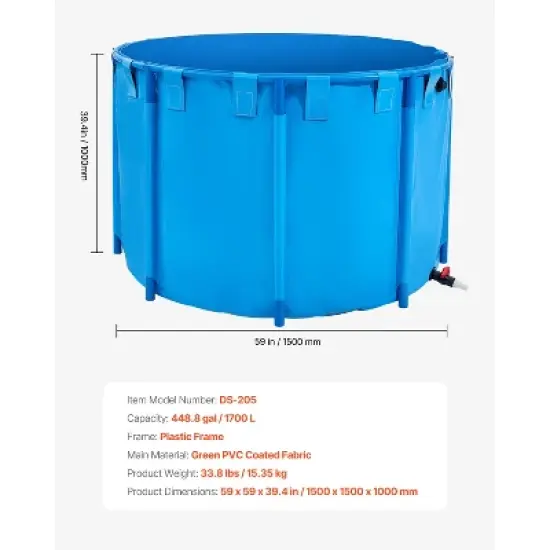VEVOR Canvas Fish Pond, 448.8 Gal Capacity Above Ground Fish Pond, Foldable PVC Koi Tank, Round Goldfish Tank with Stable Frame and Drain Valve,Blue image {7}