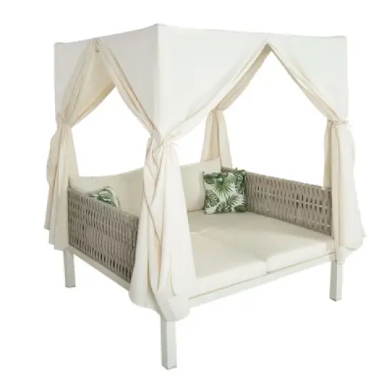 Outdoor Patio Rattan Canopy Daybed Sunbed with Curtain and Woven Rope Arm image {2}