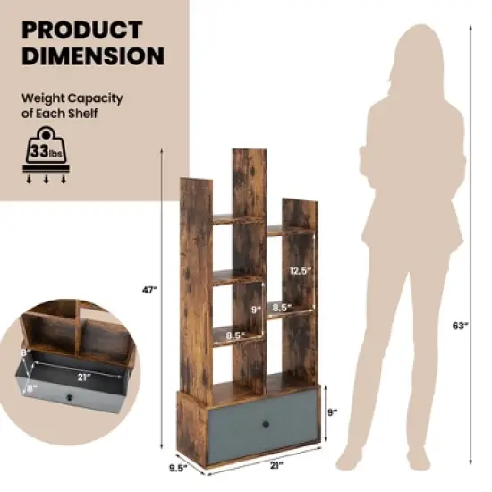 Costway Industrial Bookshelf Rustic Wooden Shelf Organizer with Non-woven Fabric Drawer image {2}