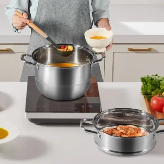 VEVOR Steamer Pot 11.8in/30cm, 5 Tier Steamer Pot for Cooking with 10QT Stock Pot, 3 Vegetable Steamers & 2 Steaming Trays, Silver image {1}