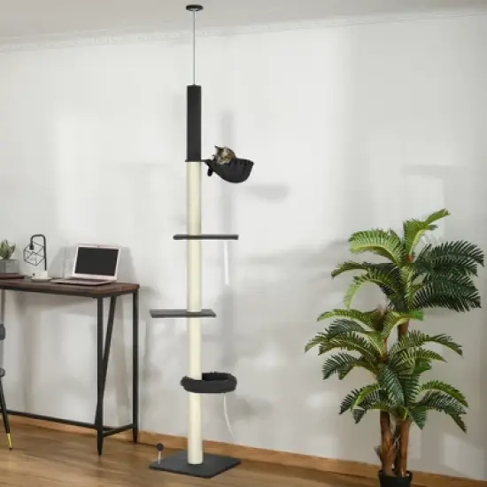 PawHut Floor To Ceiling Cat Tree, 5-Tier Cat Climbing Tower, 95''-106'' Height with Bed, Hammock, Scratching Post for Indoor Cats, Black and Cream image {1}