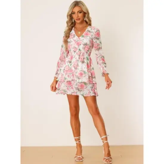 Allegra K Women's V Neck Smocked Waist Ruffle Hem Floral Chiffon Dresses image {3}