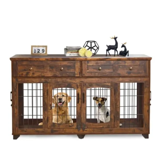58 Inch Dog Crate Furniture &ndash; 2 Room Indoor Kennel with Large Drawers, Durable Pet House image {8}