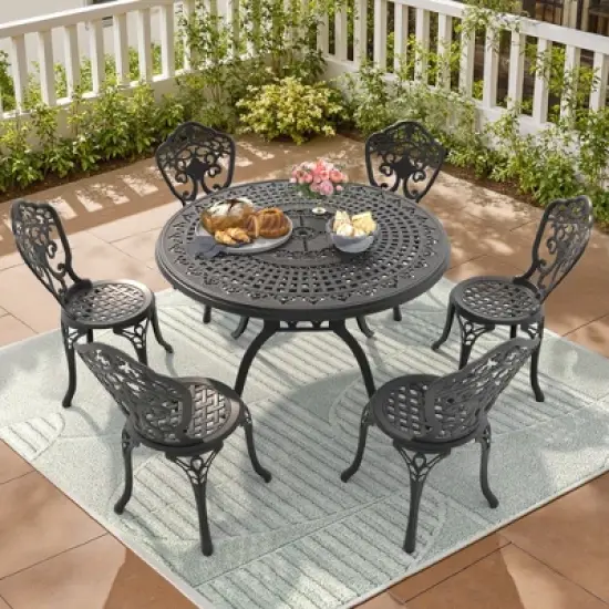 7-Piece Patio Set: Round Table & 6 Chairs - Cast Aluminum, All-Weather/Umbrella Hole & Adjustable Legs for Balcony/Backyard image {1}