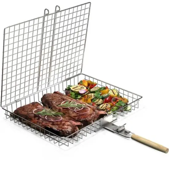 Sorbus Stainless Steel Large Folding Barbecue Grilling Basket with Handle - for Fish, Shrimp, Vegetables, Grilling Accessories, Outdoor Cooking image {7}