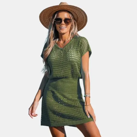 Women's Crochet Knit Cutout V-Neck Cover-Up Mini Dress - Cupshe image {10}