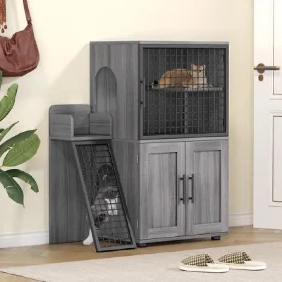ODK Modern Cat Litter Box Enclosure with Platform, Double Layer Hidden Litter Box, Indoor Washroom, Villa Cat House with Ladder image {8}
