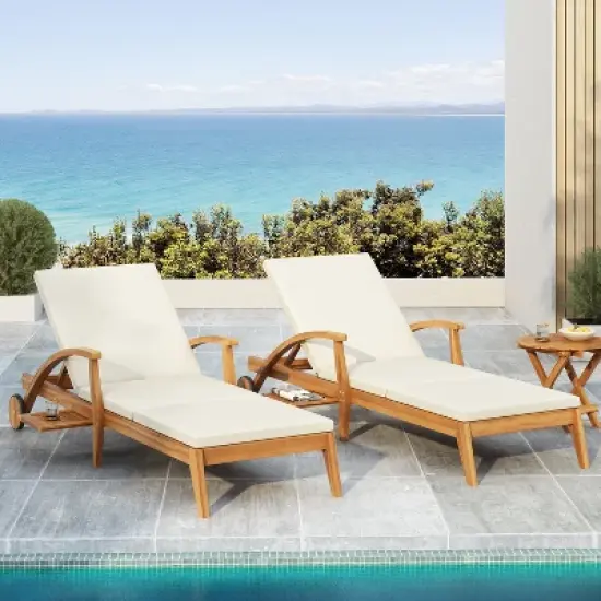Christopher Knight Home Frank Outdoor Adjustable Chaise Lounge With Cushion and Wheel, Teak/Cream image {1}