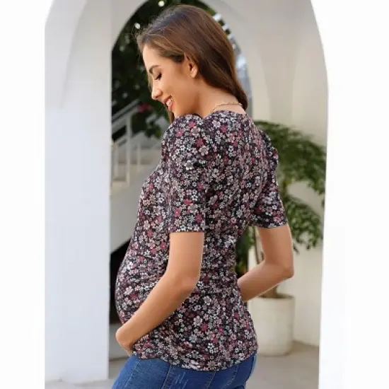 Coolmee Women Summer Maternity Shirts Puff Short Sleeve Floral Print Round Neck Tunic Top Casual Pregnancy Clothes image {6}
