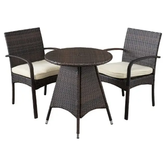 Peterson 3pc Wicker Patio Bistro Set with Cushions - Brown - Christopher Knight Home image {1}