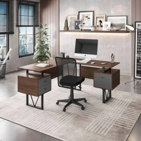 Reversible L Shaped Computer Desk with Drawers and File Cabinet Walnut - Techni Mobili image {4}
