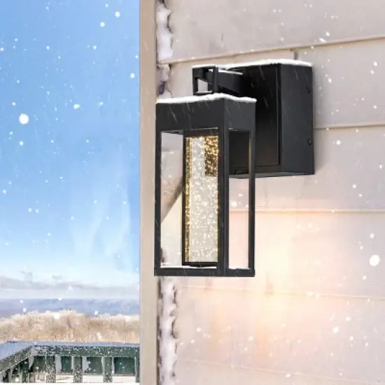 ALOADECOR Modern LED Outdoor Black Dusk to Dawn Sensor Wall Lantern Sconce with Seeded Glass and built-in GFCI Outlets image {3}