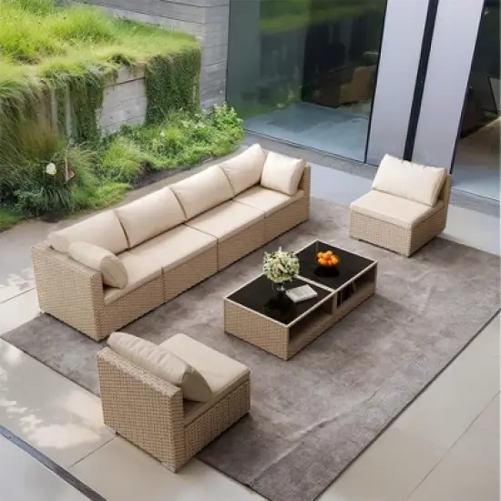 GDFStudio Dana Outdoor 6-Seater Rattan and Metal Upholstered Sectional Sofa Set with Coffee Table image {7}