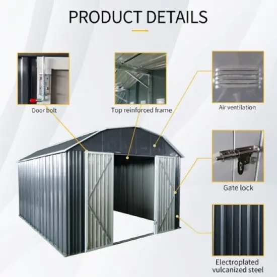 10 ft x 12 ft Outdoor Metal Storage Shed with Arch Roof with Lockable Doors for Backyard Garden Patio Lawn, Black image {3}