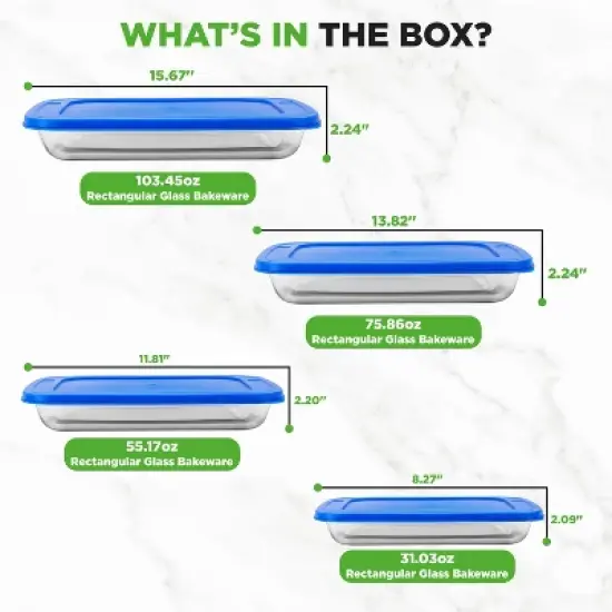 NutriChef 4 Sets Glass Bakeware - High Borosilicate Rectangular Glass Baking Dish w/ Blue BPA-Free Lids, Freezer-to-Oven Home Kitchen Bake Casserole image {6}