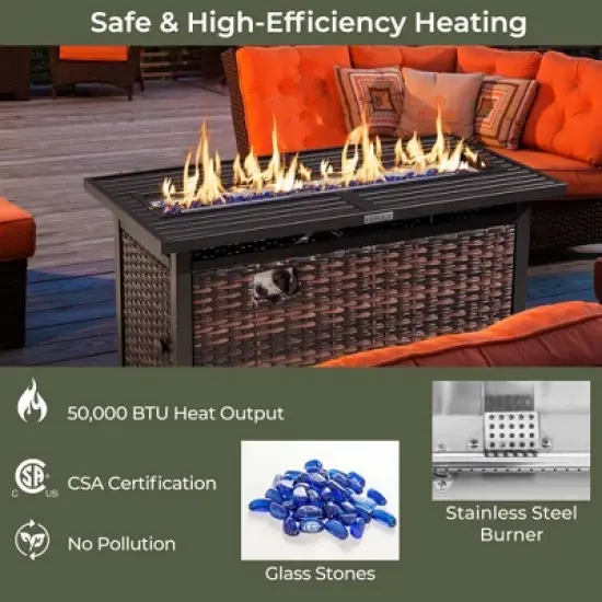 Costway 45" Propane Rattan Firepit Table with Glass Stones & Protective Cover Metal Frame image {6}