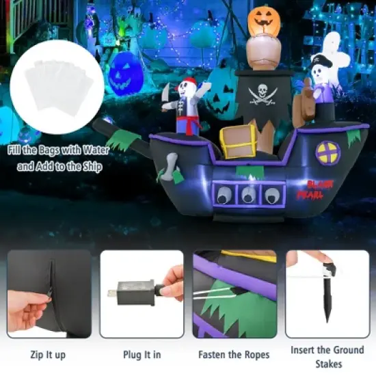 Costway 7FT Long Halloween Inflatable Pirate Ship Blow-up Skeleton Pirate Decoration with Bright LED Lights and Waterproof Blower & Water Bags image {8}