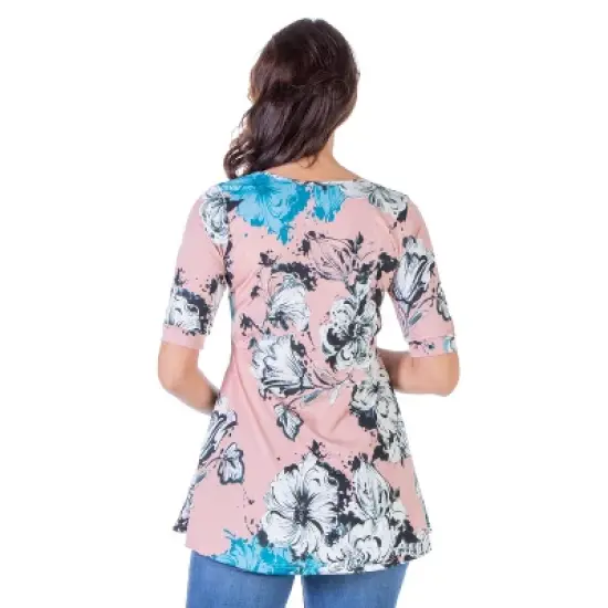 24seven Comfort Apparel Pink Floral Elbow Sleeve Henley Maternity Tunic Top image {2}