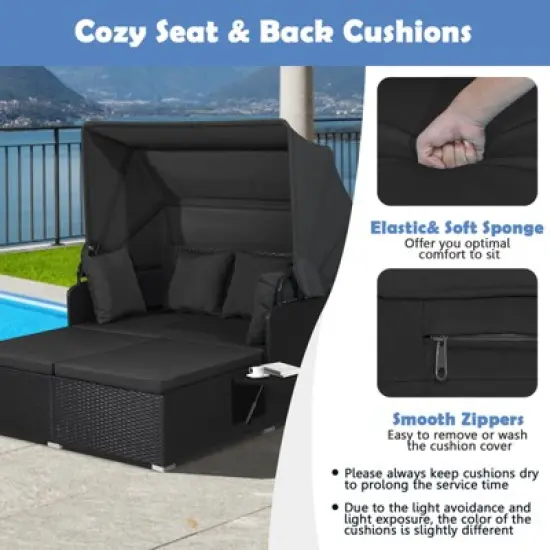 Tangkula Patio Rattan Daybed with Retractable Canopy Wicker Sun Lounger with 2 Foldable Side Panels Thick Seat & Back Cushions image {3}