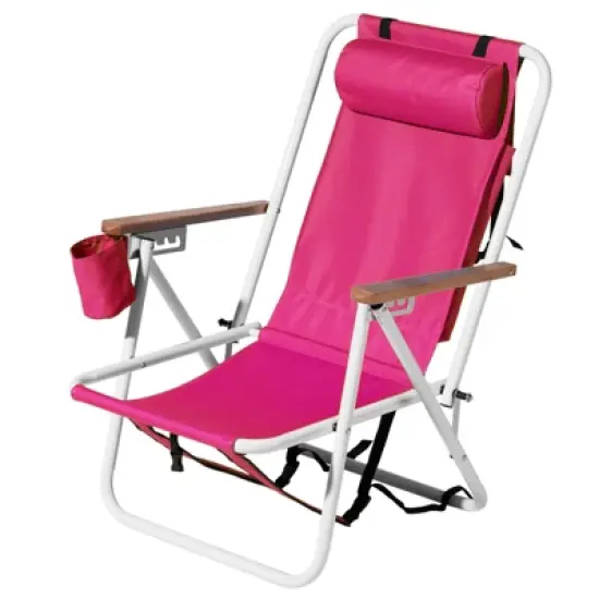 DOMETOUR Folding Beach Chair, 4 Position Portable Backpack Foldable Camping Chair with Headrest Cup Holder and Wooden Armrests, Pink image {12}