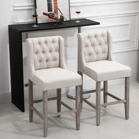HOMCOM 26.25" Counter Height Bar Stools Set of 2, Tufted Wingback Armless Upholstered Dining Chair with Rubber Wood Legs image {2}